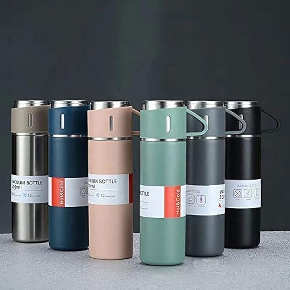 Travel Thermal Flask Set – Stainless Steel Vacuum Insulated Bottle with 2 Extra Cups for Hot & Cold Drinks (500 ml)