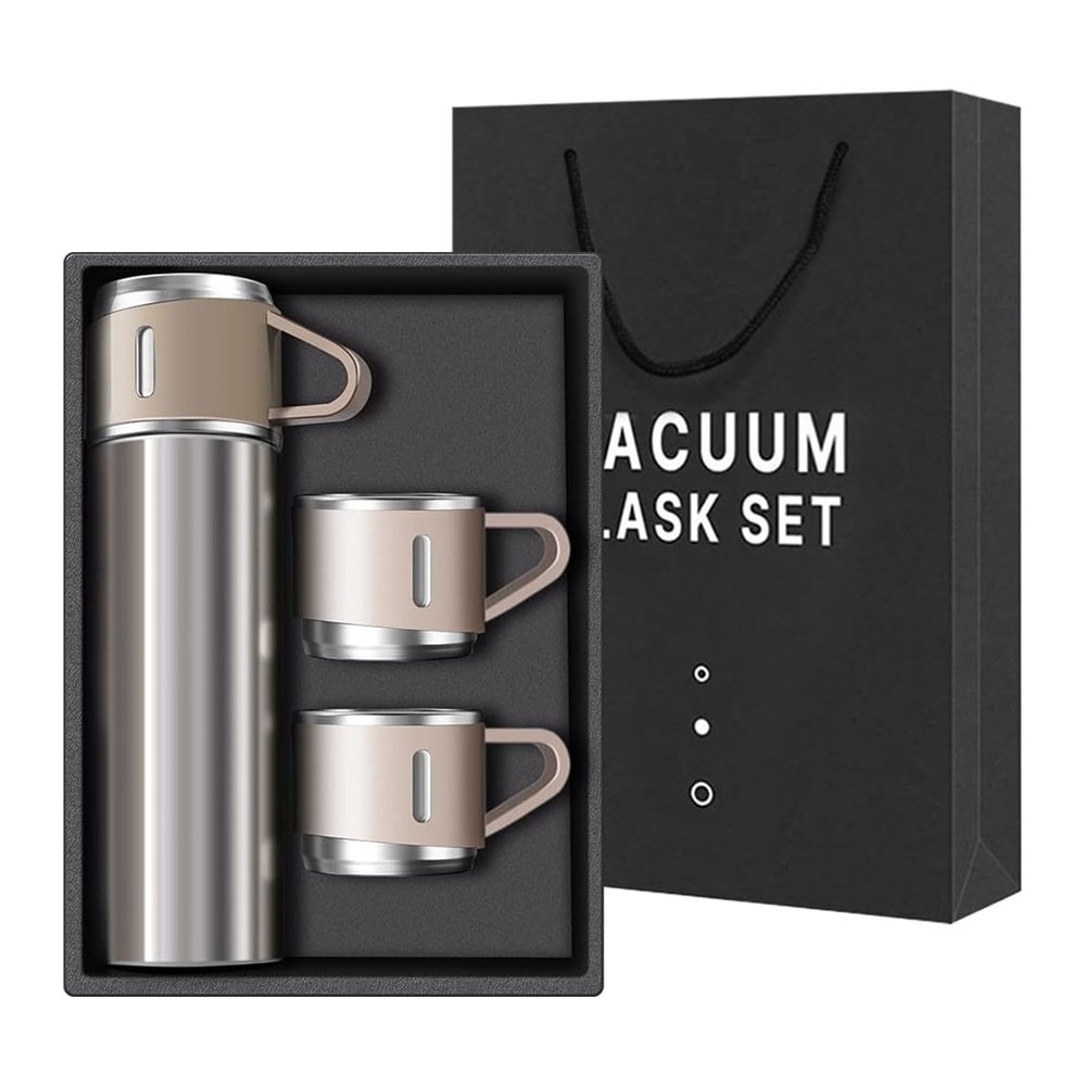 Travel Thermal Flask Set – Stainless Steel Vacuum Insulated Bottle with 2 Extra Cups for Hot & Cold Drinks (500 ml)